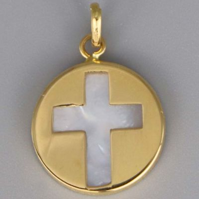 Médaille avec croix ajourée personnalisable 14 mm (or jaune 750° et nacre)