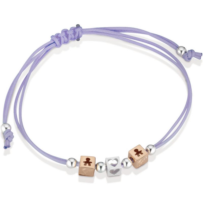 Bracelet cordon lila 2 cubes garçon 1 cube coeur (or rose 375° et argent 925°) leBebé