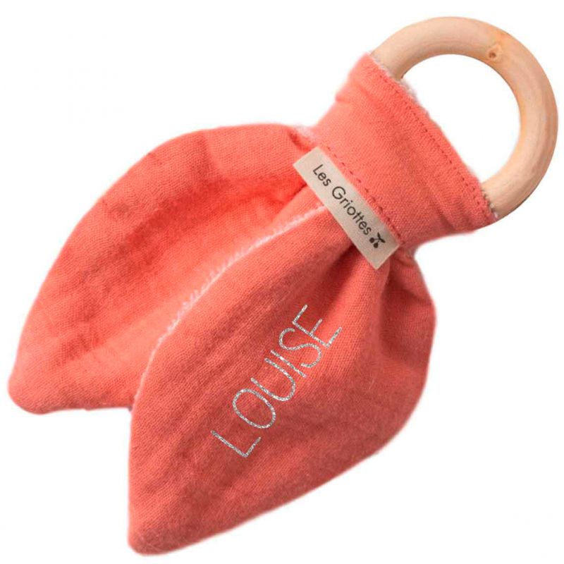 Anneau de dentition en bois Rose corail (personnalisable) Les Griottes