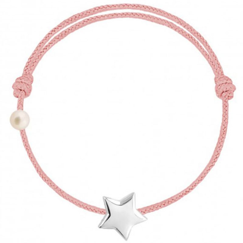Bracelet cordon Etoile et perle rose poudré (or blanc 750°) Claverin