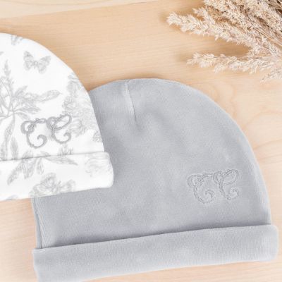 Bonnet de naissance Toile de Jouy gris