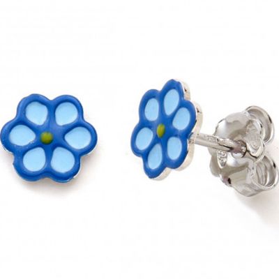 Boucles d'oreilles Fleur laquée bleue (argent)