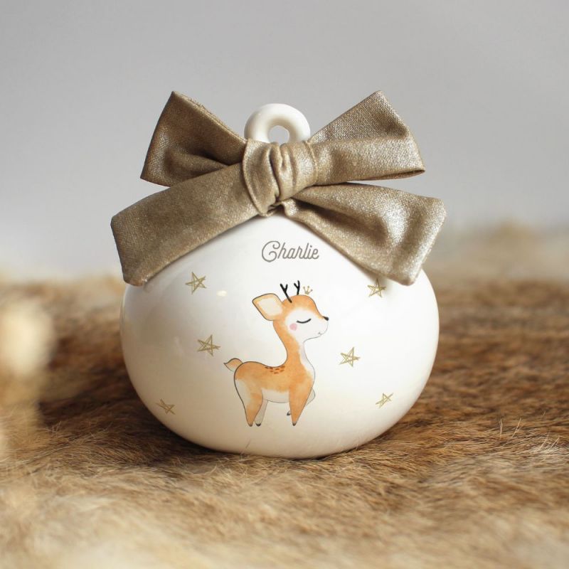 Boule de Noël en porcelaine Renne nœud doré (personnalisable) Gaëlle Duval