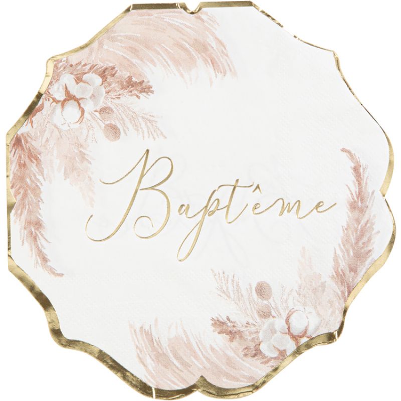 Lot de 16 serviettes Baptême Pampas, Fleurs de coton et or Arty Fêtes Factory