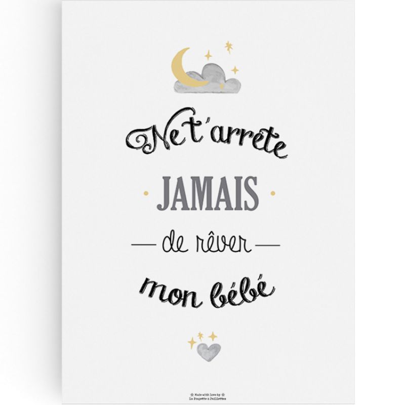 Affiche A3 Ne t'arrête jamais de rêver grise La Poupette à paillettes