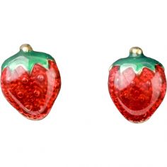 Boucles d'oreilles fraise émaillée rouge et vert (or jaune 375°) - Daniel Crégut