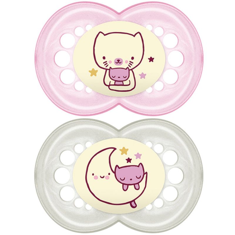 Lot de 2 sucettes anatomiques Nuit chat rose (6-18 mois) MAM