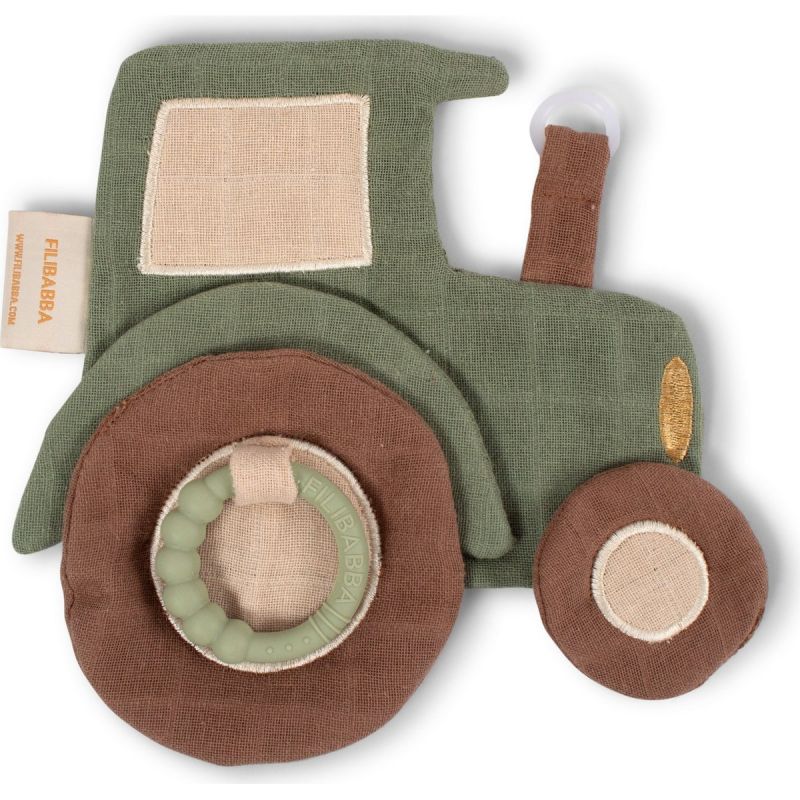 Doudou en coton bio avec anneau dentition Tracteur Filibabba