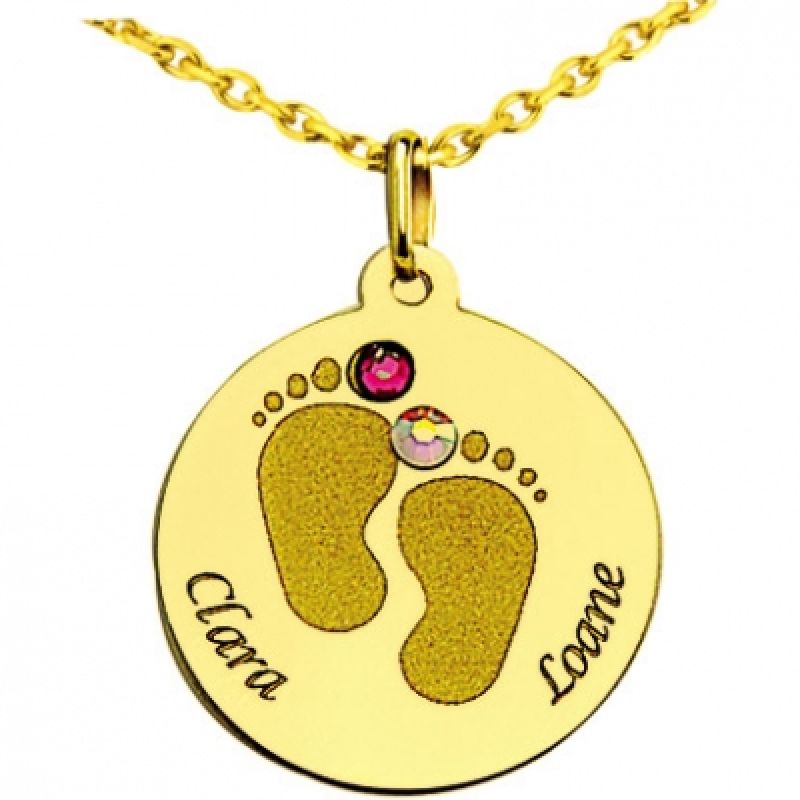 Médaille ronde pieds bébé avec Swarovski (or jaune 375°) Louis de l'Ange