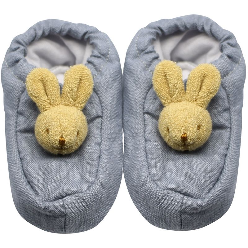 Chaussons lapin en lin bleu gris et pochette de rangement en coton (0-2 ans) Trousselier