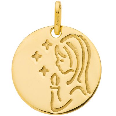 Médaille ronde Vierge bougie et étoiles 16 mm (or jaune 750°) Berceau magique bijoux