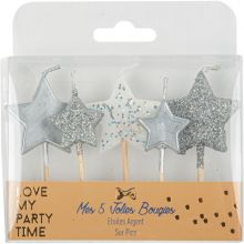 Lot de 5 bougies étoiles argent pailleté  par Arty Fêtes Factory