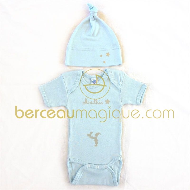 Ensemble bonnet + body bleu à manches courtes personnalisable Les Griottes
