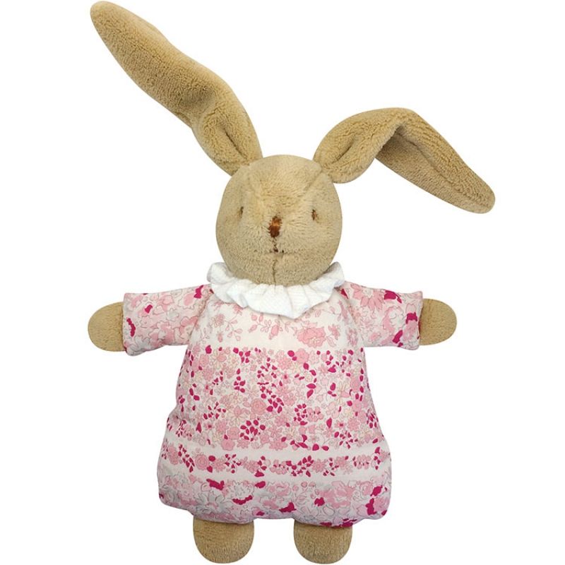 Hochet peluche Lapin Nid d'ange Fleurs roses et pochette de rangement en coton (20 cm) Trousselier
