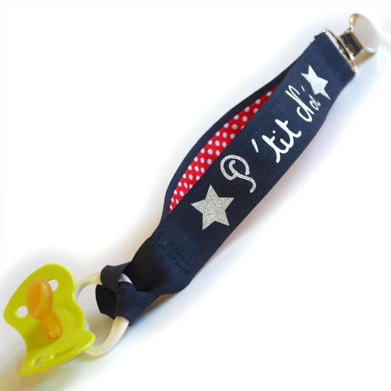 Attache sucette bleu marine et rouge (personnalisable) Les Griottes