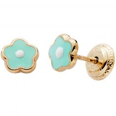 Boucles d'oreilles Fleur laquée Bleu-Blanc (or jaune 375°) - Baby bijoux