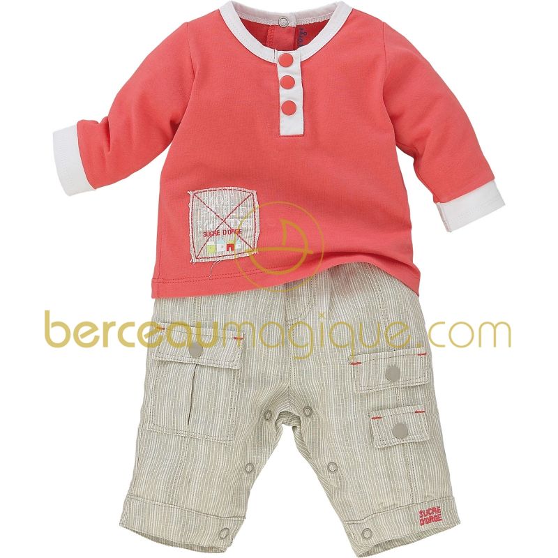 Ensemble T-shirt manches longues et pantalon Corail, rouge & co (1 mois au 12 mois) Sucre d'orge