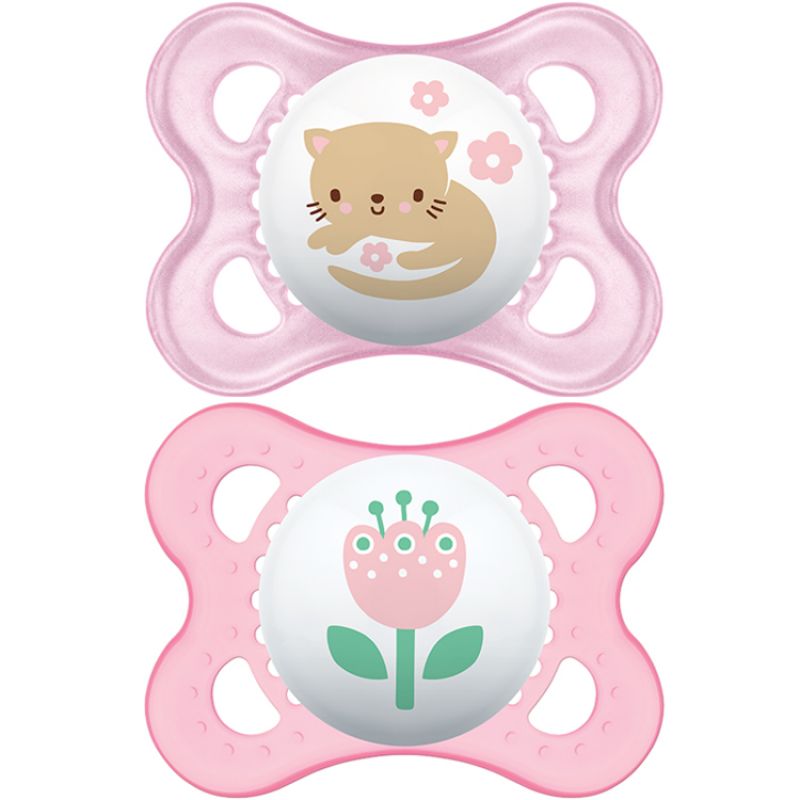Lot de 2 sucettes anatomiques Décor chat et fleur en silicone (0-6 mois) MAM