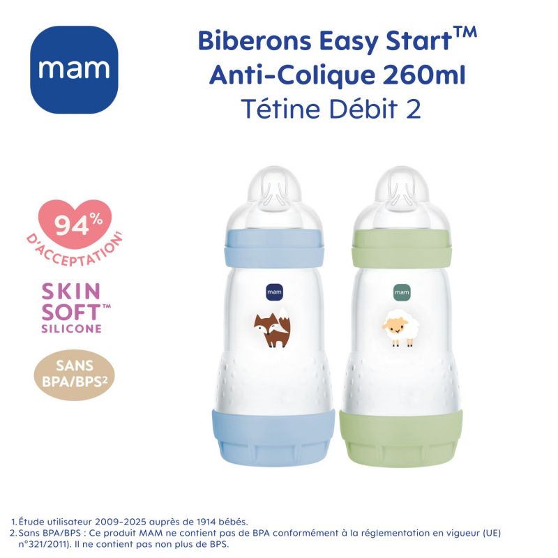 2 biberons Easy Start anti-colique 260ml Océan+Sable Tétine débit 2 MAM Produit 7