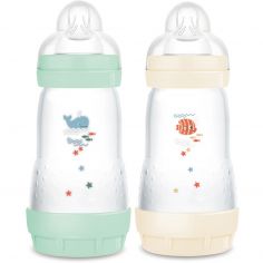 2 biberons Easy Start anti-colique 260ml Menthe+Coton Tétine débit 2 - Reconditionné - MAM