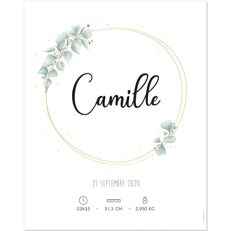 Affiche de naissance eucalyptus vert personnalisable (40 x 50 cm) Mes Mots Déco