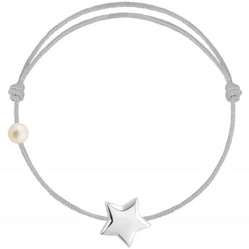 Bracelet cordon Etoile et perle gris (or blanc 750°) Claverin