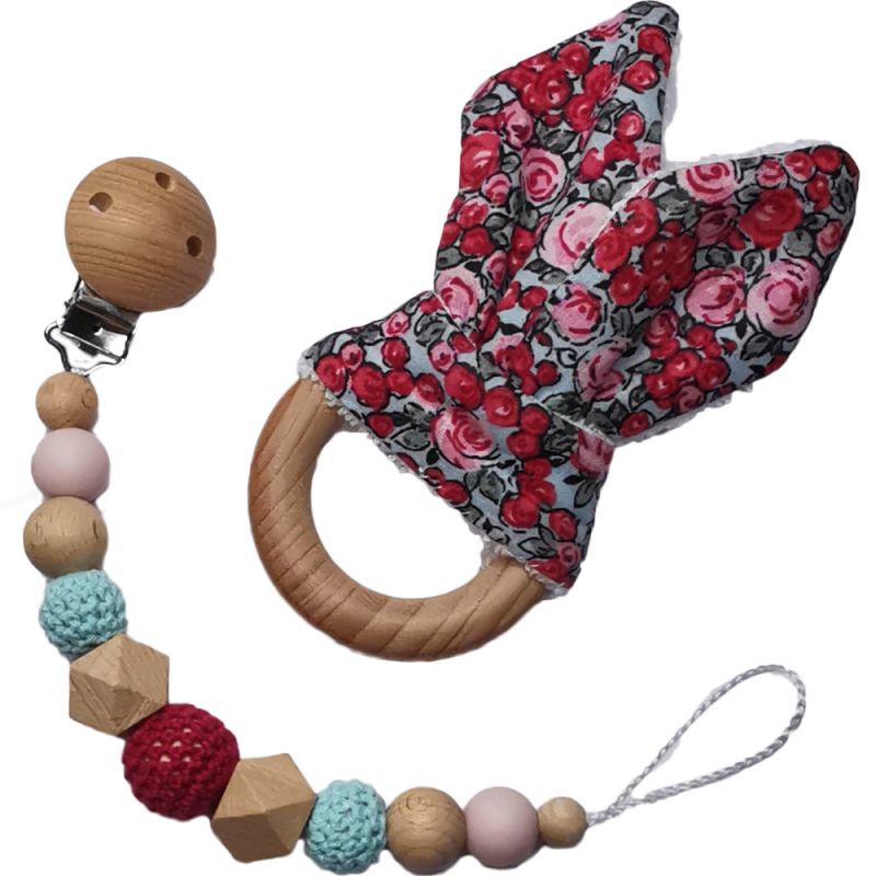 Coffret anneau de dentition et attache sucette en bois Lapinou liberty rose Tata Lucette