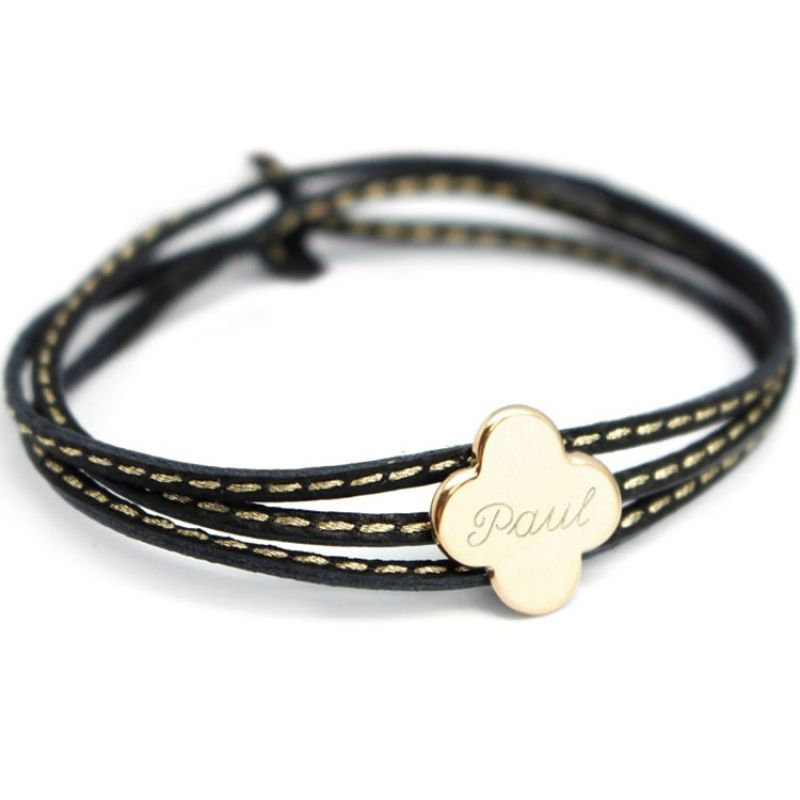 Bracelet cuir maman Amazone trèfle (plaqué or) Petits trésors