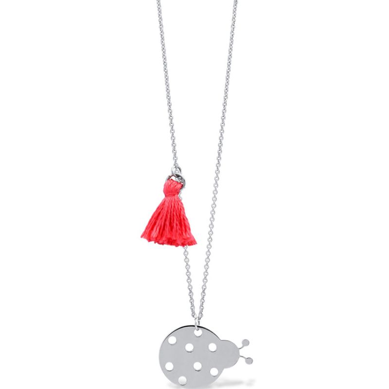 Collier avec pompom rose Nature coccinelle (argent 925°) Coquine