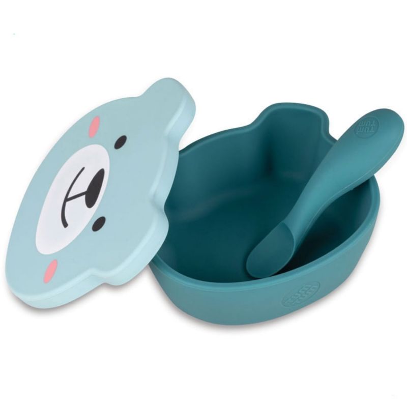 Set bol à ventouse et cuillère en silicone Ourson Bleu TUM TUM Produit ouvert 3