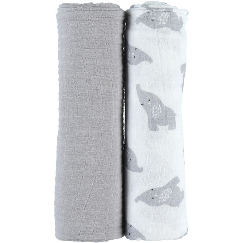 Lot de 2 maxi langes en mousseline de coton Eléphant gris (100 x 100 cm) Noukie's