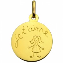 Médaille ronde petite fille et message 'je t'aime' 16 mm (or jaune 750°)  par Premiers Bijoux