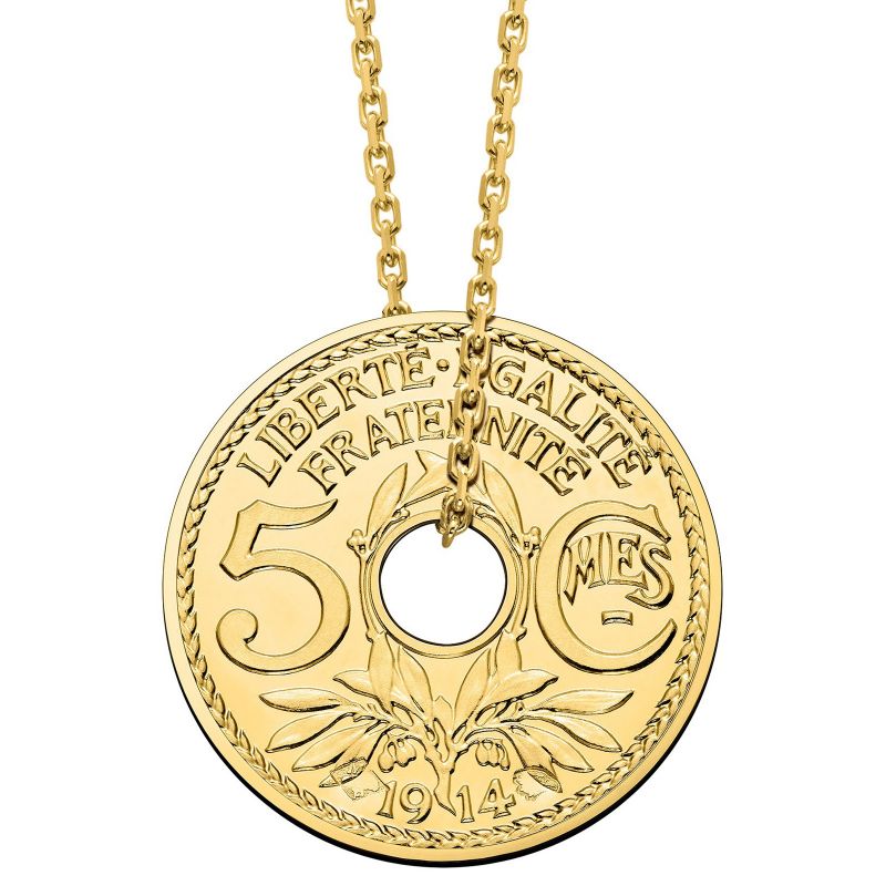 Collier chaîne 48 cm médaille 5 centimes 16 mm recto verso (or jaune 750°) Monnaie de Paris