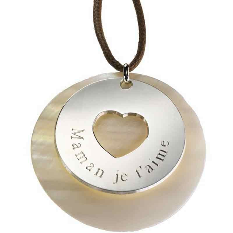 Pendentif sur cordon Message du coeur (argent 925° et nacre)  Petits trésors
