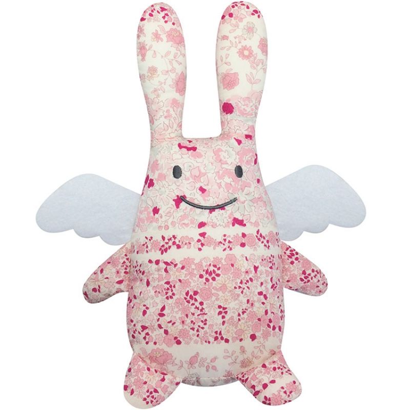 Peluche musicale Ange lapin Fleurs roses et pochette de rangement en coton (24 cm) Trousselier