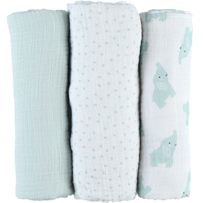 Lot de 3 langes en mousseline de coton Eléphant menthe (70 x 70 cm) Noukie's