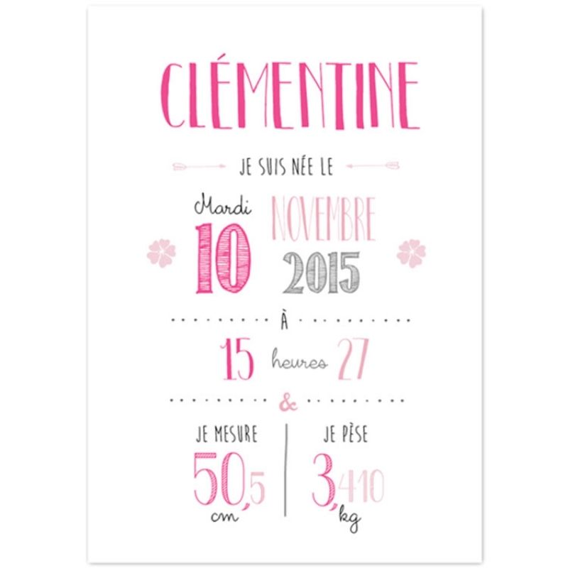 Affiche de naissance A3 rose (personnalisable) La Poupette à paillettes