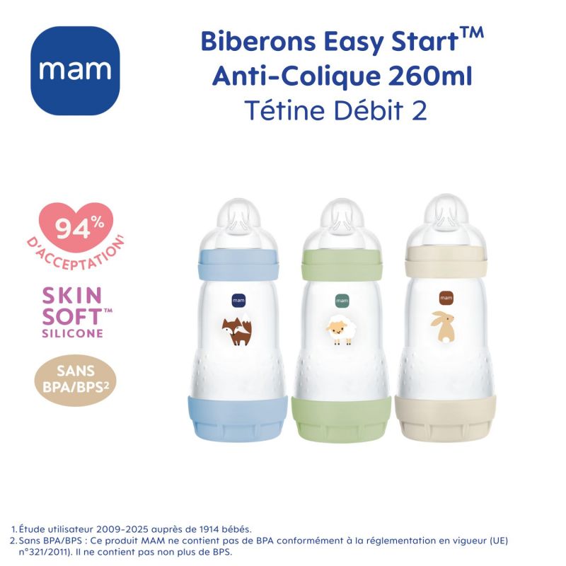 3 biberons Easy Start 260ml Océan+Océan+Sable Tétine débit 2 MAM Produit 6