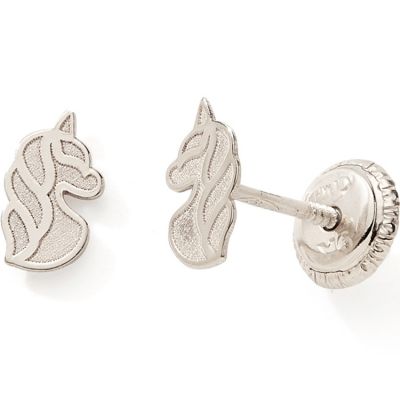Boucles d'oreilles tête de licorne (or blanc 375°) Baby bijoux