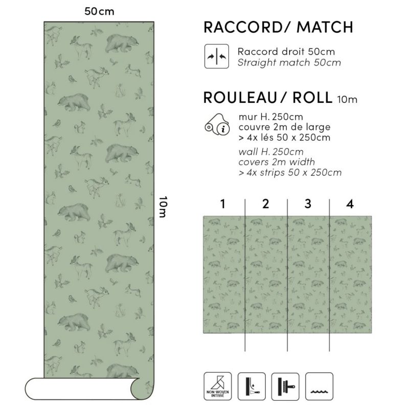 Papier peint Animaux de la forêt vert sauge (50 cm x 10m)  Lilipinso Produit 3