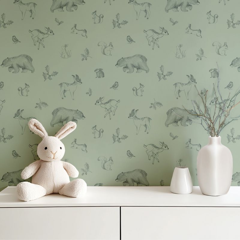 Papier peint Animaux de la forêt vert sauge (50 cm x 10m)  Lilipinso Ambiance 5