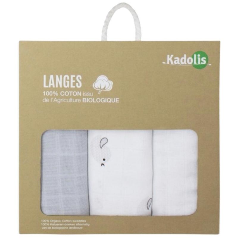 Lot de 3 langes en coton bio Oiseau gris (60 x 60 cm) Kadolis