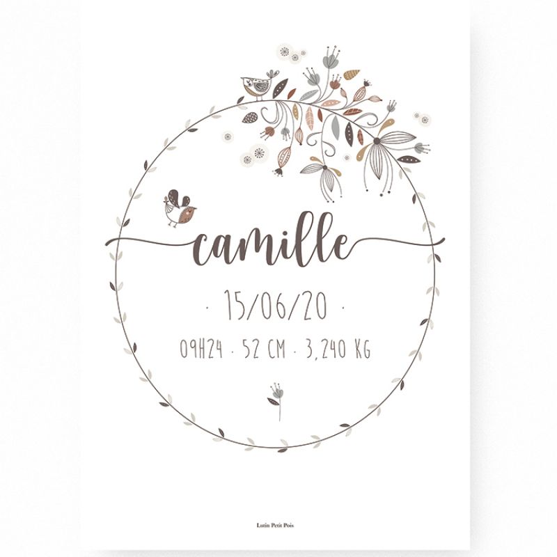 Affiche de naissance A2 Couronne de fleurs (personnalisable) Lutin Petit Pois
