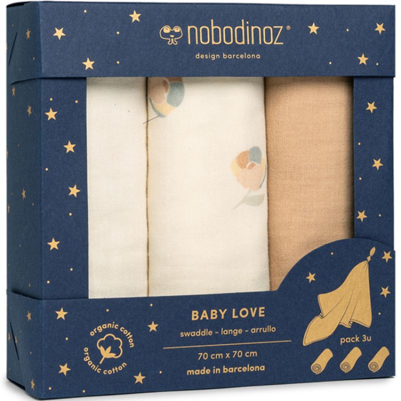 Lot de 3 langes en coton bio Baby Love fleur Blossom (70 x 70 cm) Nobodinoz