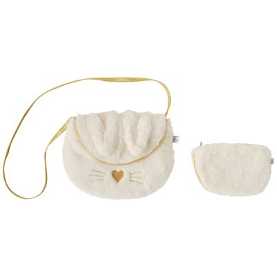 Sac bandoulière avec porte-monnaie Lapin fausse fourrure écru et or