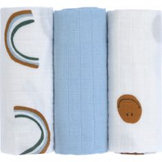 Lot de 3 langes Happy Rascals Smile bleu ciel (60 x 60 cm) - Lässig 