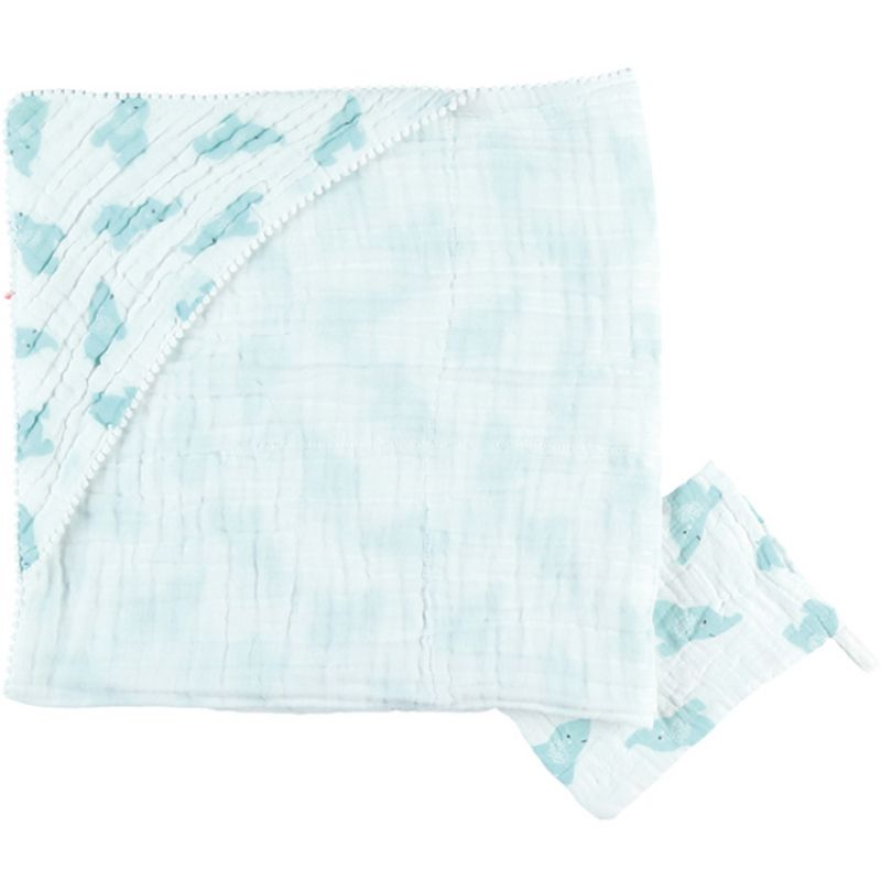 Cape de bain + gant en mousseline de coton Eléphant mint (75 x 75 cm) Noukie's