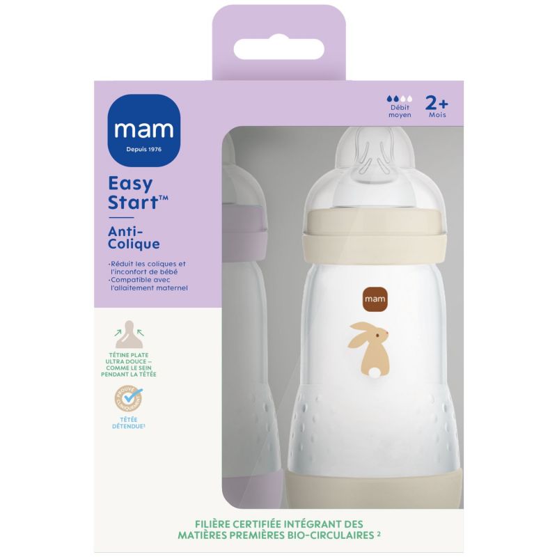 Lot de 2 biberons Easy Start anti-colique Lilas+Sable Tétine Débit 2 (260 ml) MAM Packaging 2