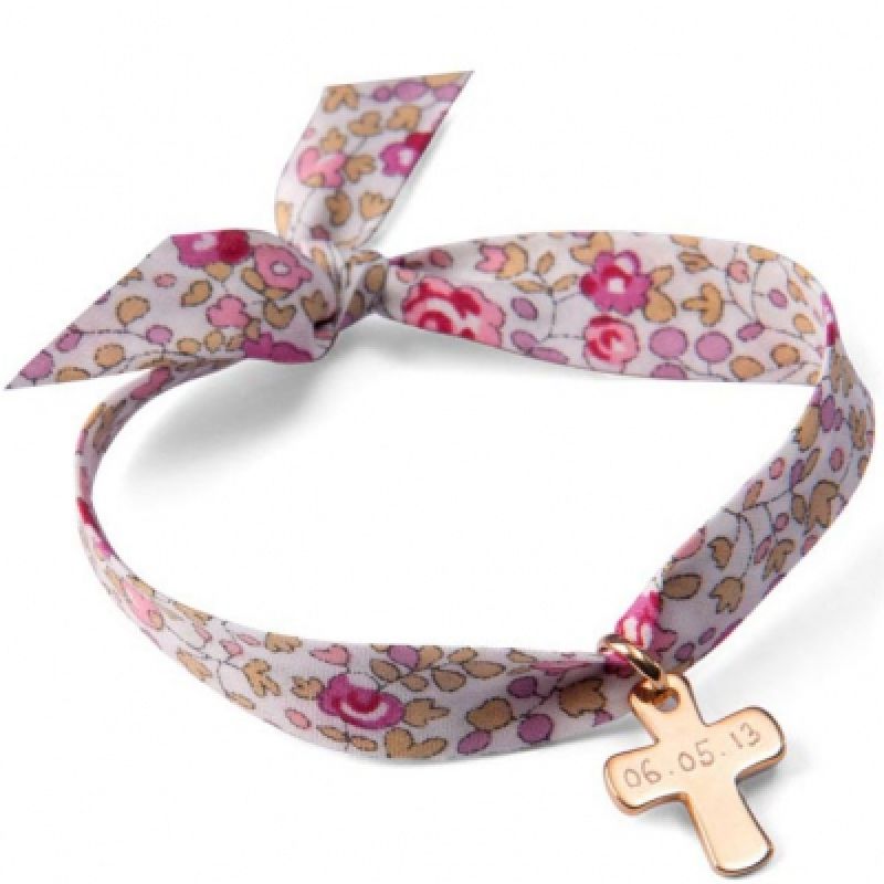 Bracelet maman Liberty avec croix personnalisable (plaqué or) Merci Maman