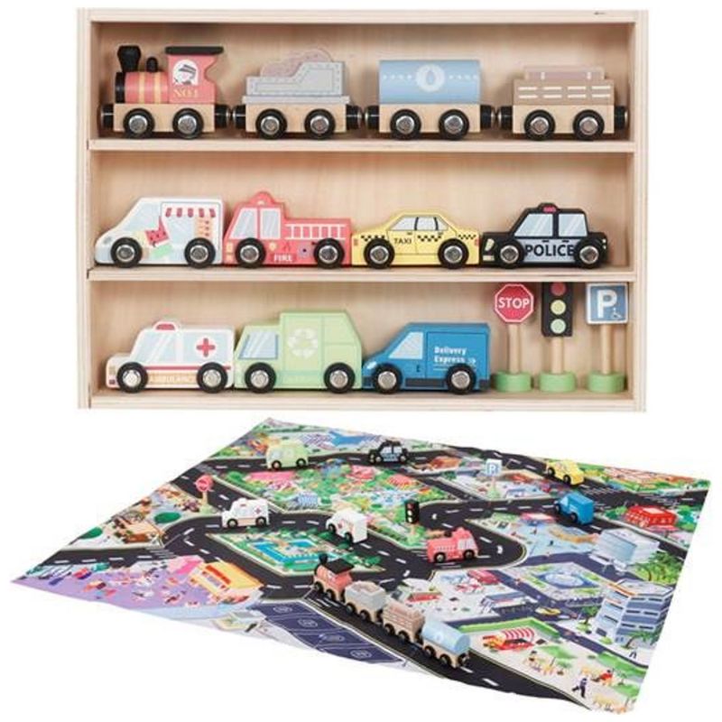 Coffret véhicules en bois et tapis Amadeus Les Petits Produit 1